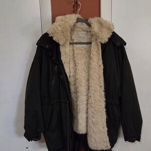 Zara Women's Green Jacket with Cream Faux Fur Lining